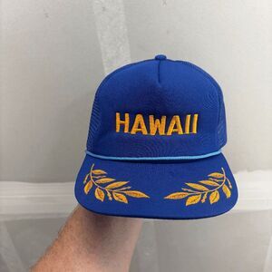 Vtg Hawaii Rope Hat Snapback Blue Trucker Cap Foam Mesh Gold Leaf Scrambled Eggs